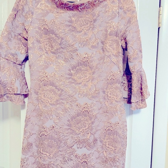 Theia Couture Metallic Floral Bell Sleeve Trumpet gown- Blush - Picture 6 of 10